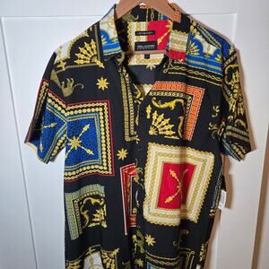 DRILL MEN PARTY Gold RED BLACK FASION SHORT SLEEVE DRESS SHIRT SIZE L